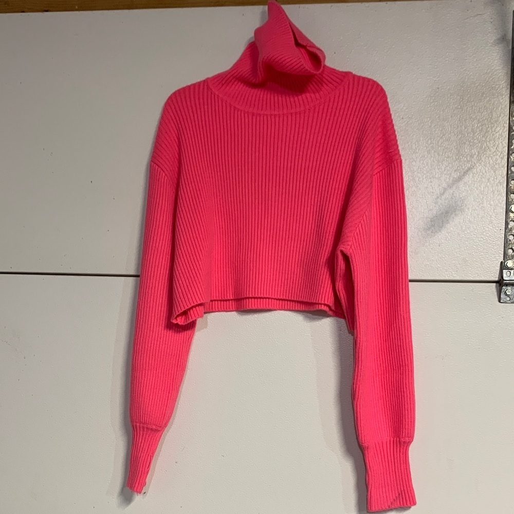Altar'd State Hot Pink Ribbed Cropped Turtleneck Sweater - Picture 2 of 6